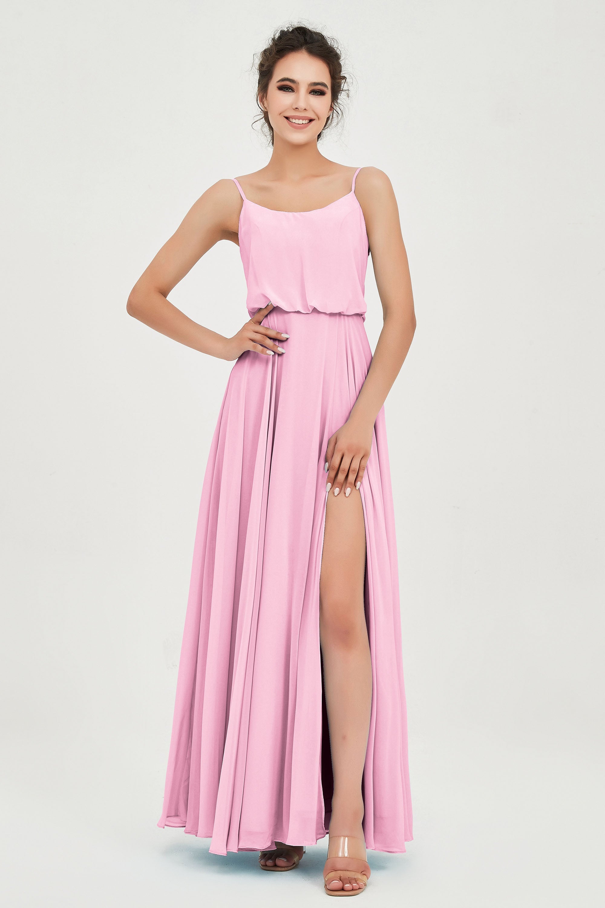 Spaghetti Straps Chiffon A Line Bridesmaid Dress Long Ruched Formal Evening Dresses with Slit