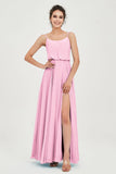 Spaghetti Straps Chiffon A Line Bridesmaid Dress Long Ruched Formal Evening Dresses with Slit