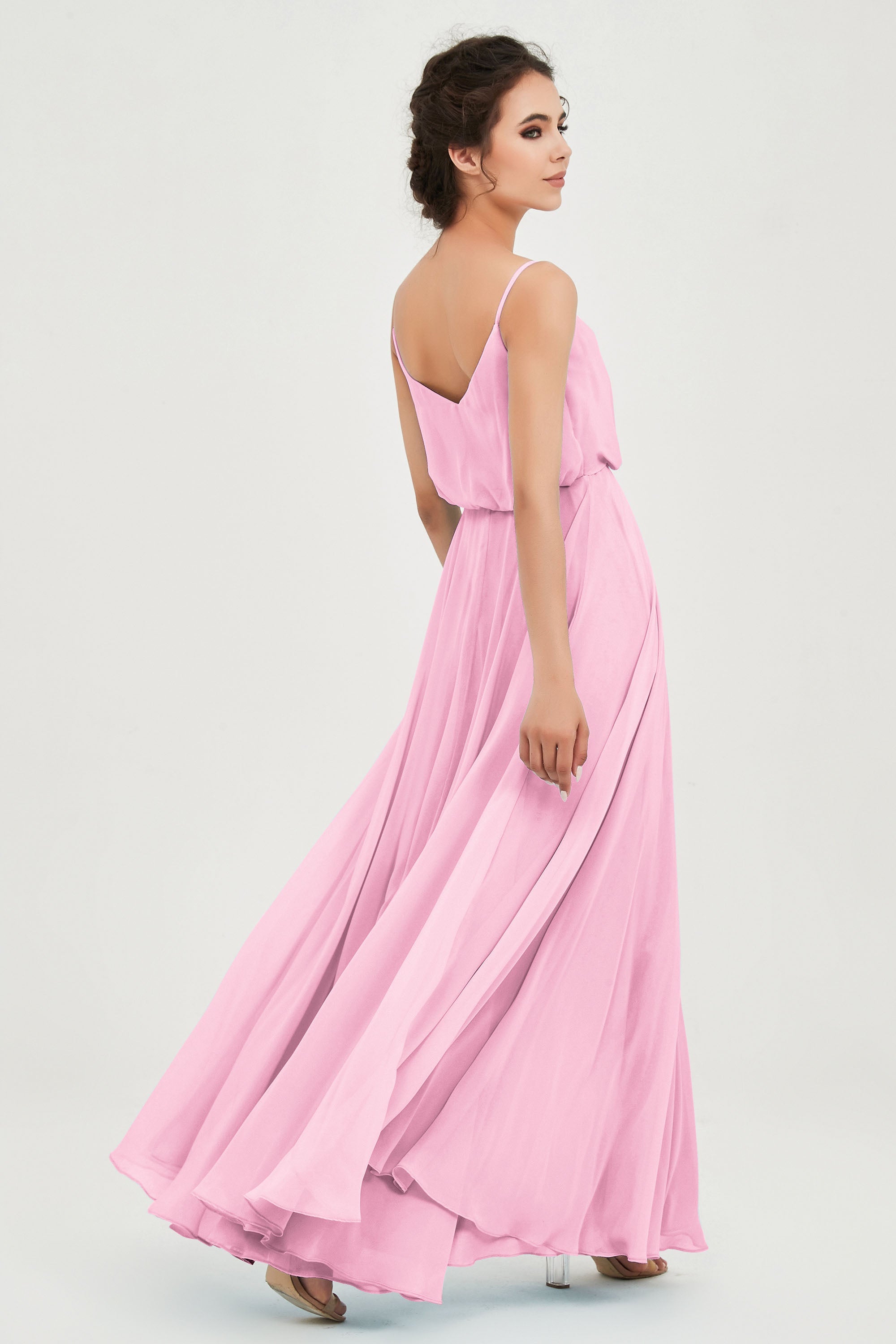 Spaghetti Straps Chiffon A Line Bridesmaid Dress Long Ruched Formal Evening Dresses with Slit