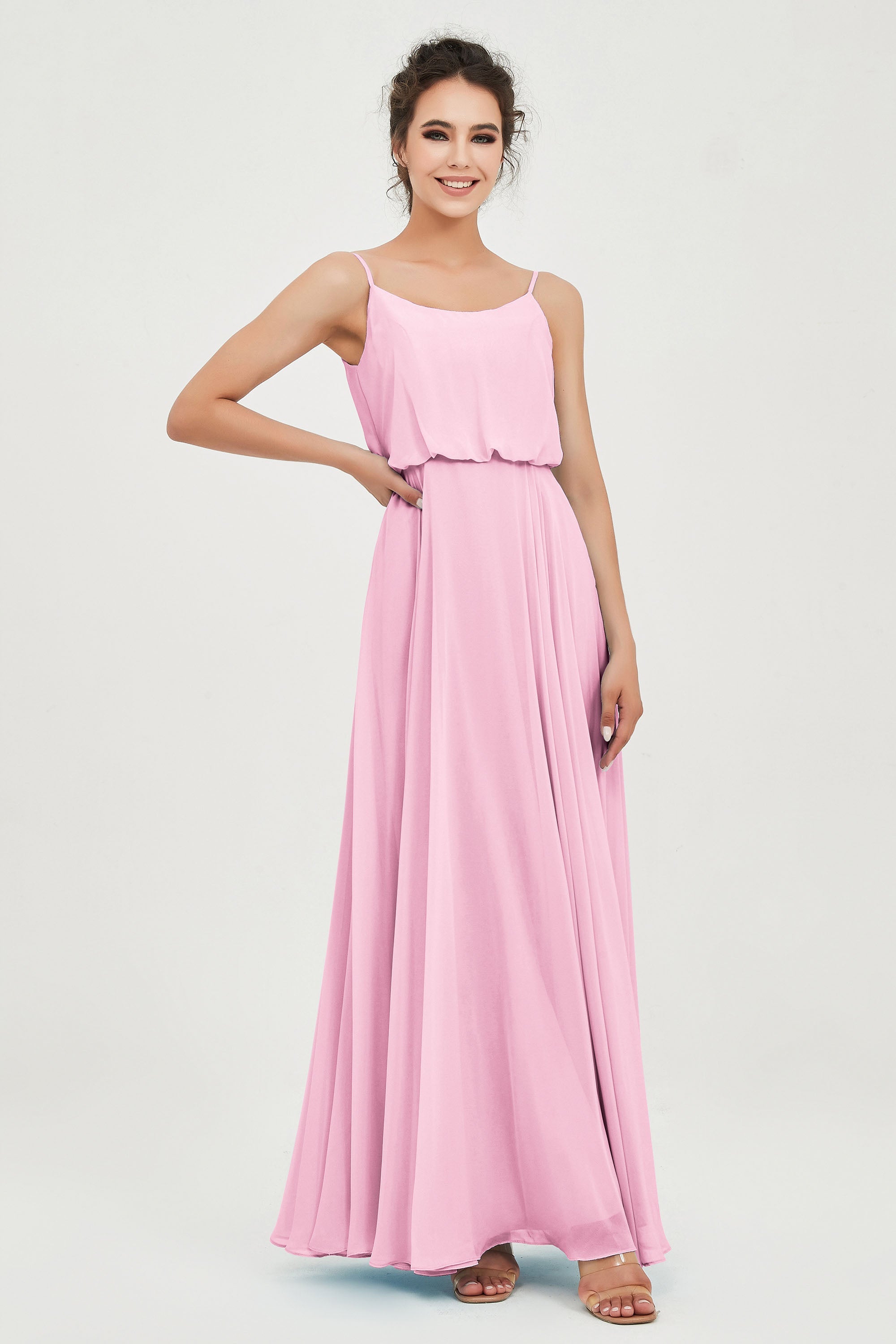 Spaghetti Straps Chiffon A Line Bridesmaid Dress Long Ruched Formal Evening Dresses with Slit