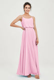 Spaghetti Straps Chiffon A Line Bridesmaid Dress Long Ruched Formal Evening Dresses with Slit