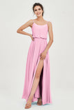 Spaghetti Straps Chiffon A Line Bridesmaid Dress Long Ruched Formal Evening Dresses with Slit