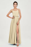 Spaghetti Straps Chiffon A Line Bridesmaid Dress Long Ruched Formal Evening Dresses with Slit