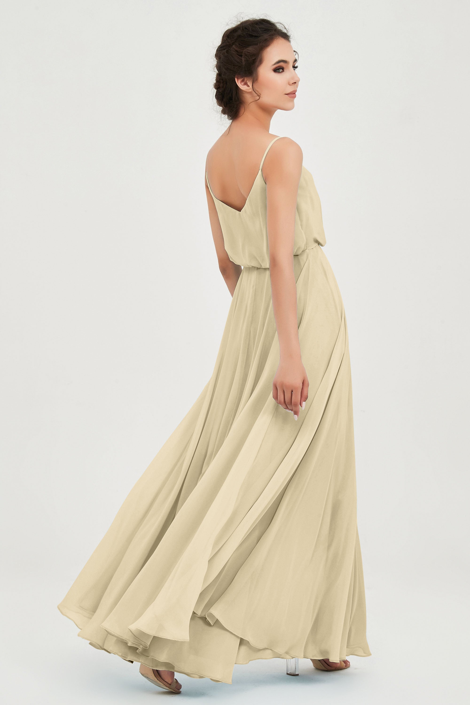 Spaghetti Straps Chiffon A Line Bridesmaid Dress Long Ruched Formal Evening Dresses with Slit