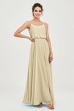 Spaghetti Straps Chiffon A Line Bridesmaid Dress Long Ruched Formal Evening Dresses with Slit