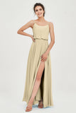 Spaghetti Straps Chiffon A Line Bridesmaid Dress Long Ruched Formal Evening Dresses with Slit