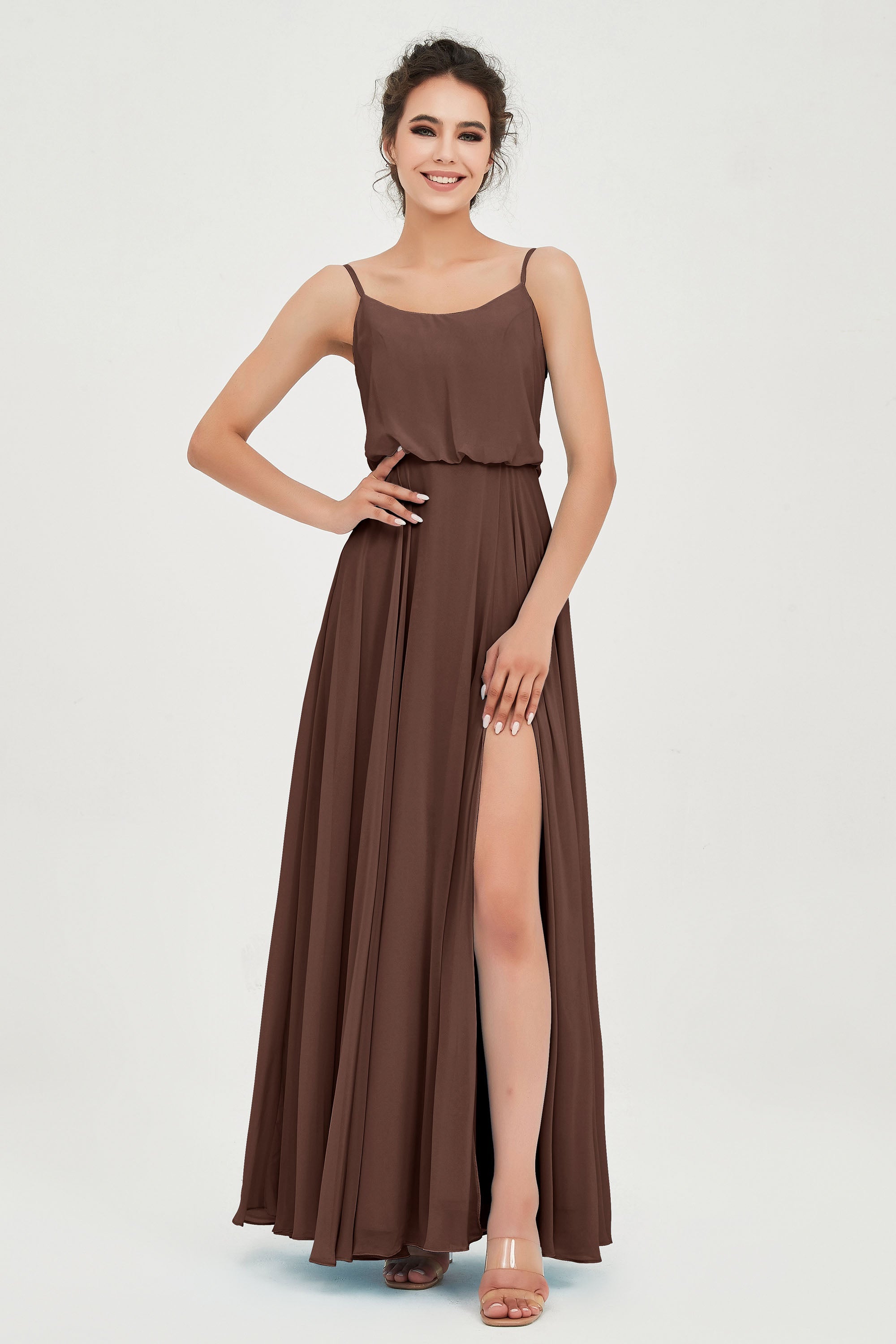 Spaghetti Straps Chiffon A Line Bridesmaid Dress Long Ruched Formal Evening Dresses with Slit