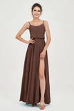 Spaghetti Straps Chiffon A Line Bridesmaid Dress Long Ruched Formal Evening Dresses with Slit