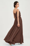 Spaghetti Straps Chiffon A Line Bridesmaid Dress Long Ruched Formal Evening Dresses with Slit