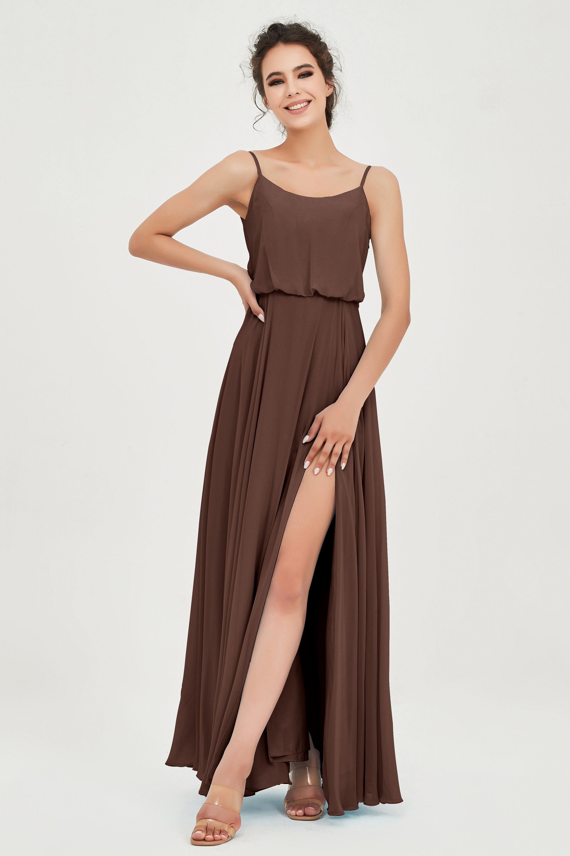 Spaghetti Straps Chiffon A Line Bridesmaid Dress Long Ruched Formal Evening Dresses with Slit