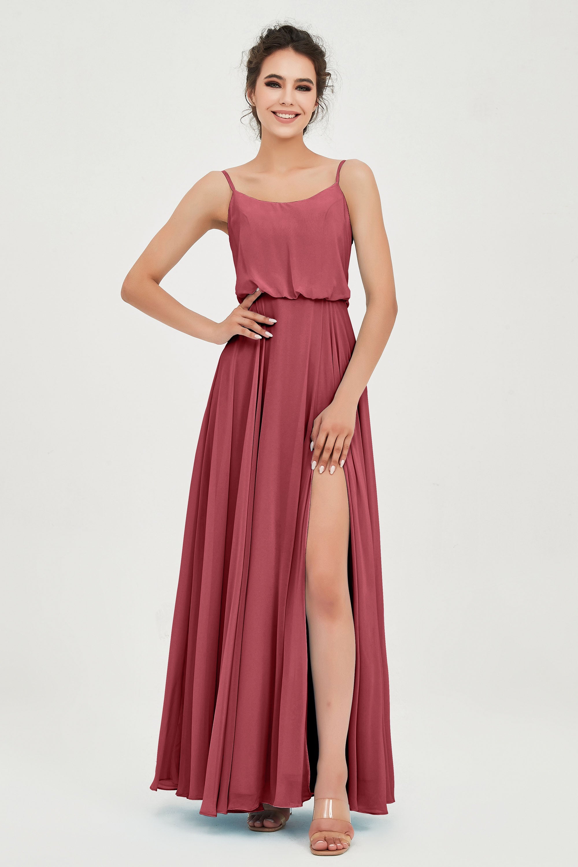 Spaghetti Straps Chiffon A Line Bridesmaid Dress Long Ruched Formal Evening Dresses with Slit