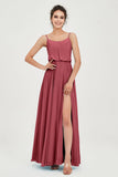 Spaghetti Straps Chiffon A Line Bridesmaid Dress Long Ruched Formal Evening Dresses with Slit