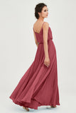 Spaghetti Straps Chiffon A Line Bridesmaid Dress Long Ruched Formal Evening Dresses with Slit