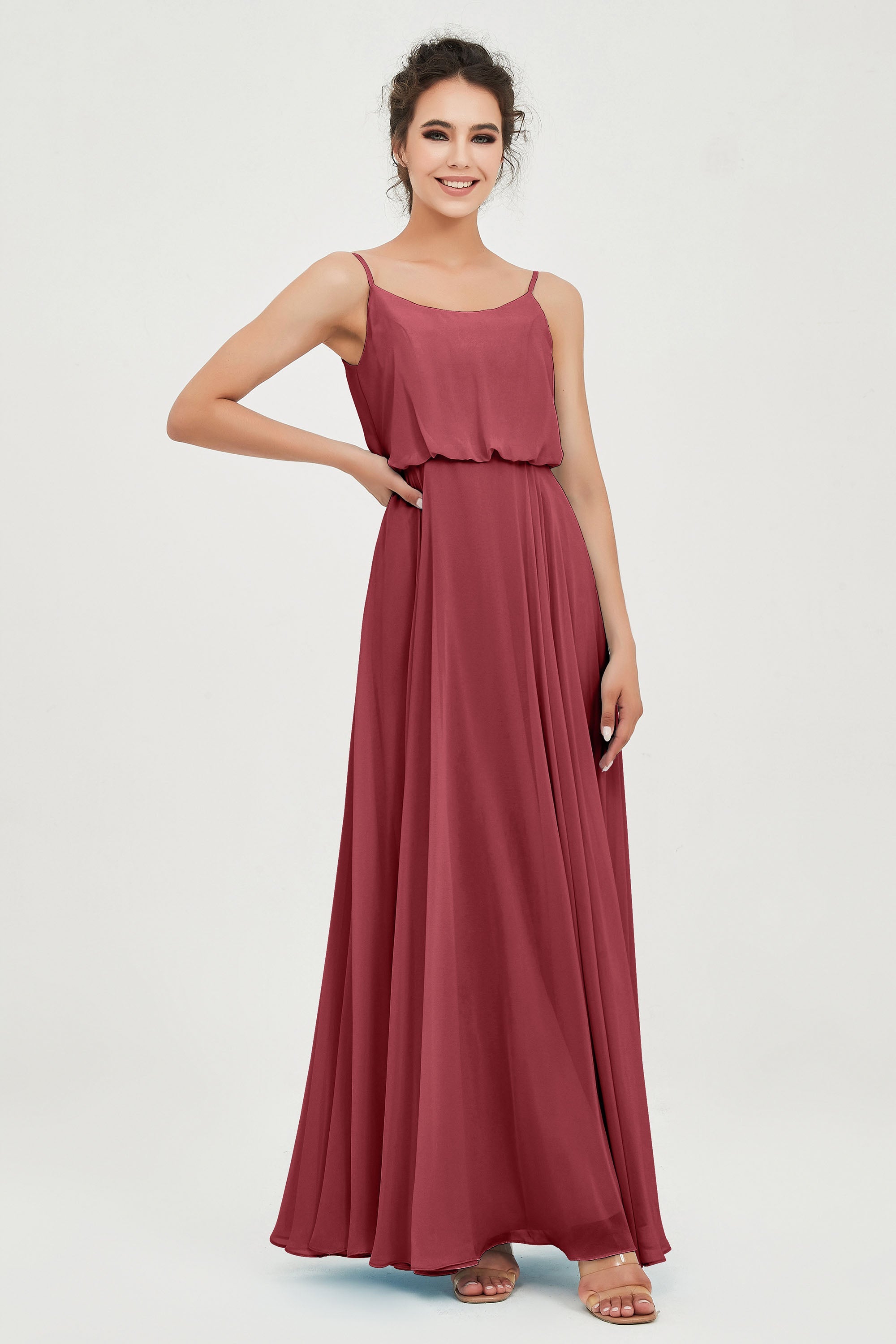 Spaghetti Straps Chiffon A Line Bridesmaid Dress Long Ruched Formal Evening Dresses with Slit