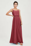 Spaghetti Straps Chiffon A Line Bridesmaid Dress Long Ruched Formal Evening Dresses with Slit