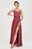 Spaghetti Straps Chiffon A Line Bridesmaid Dress Long Ruched Formal Evening Dresses with Slit