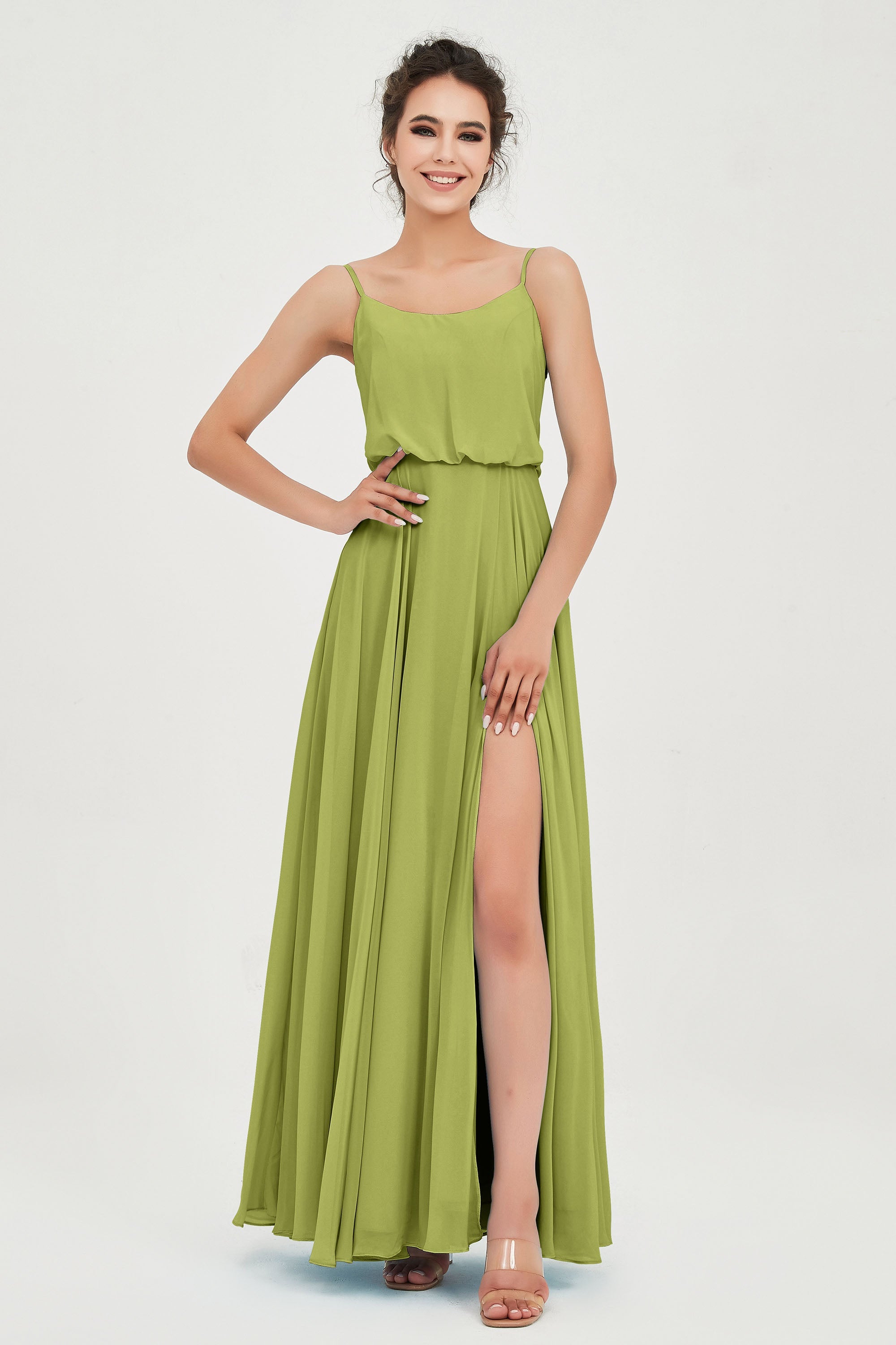Spaghetti Straps Chiffon A Line Bridesmaid Dress Long Ruched Formal Evening Dresses with Slit