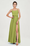 Spaghetti Straps Chiffon A Line Bridesmaid Dress Long Ruched Formal Evening Dresses with Slit