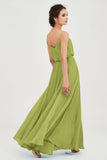 Spaghetti Straps Chiffon A Line Bridesmaid Dress Long Ruched Formal Evening Dresses with Slit