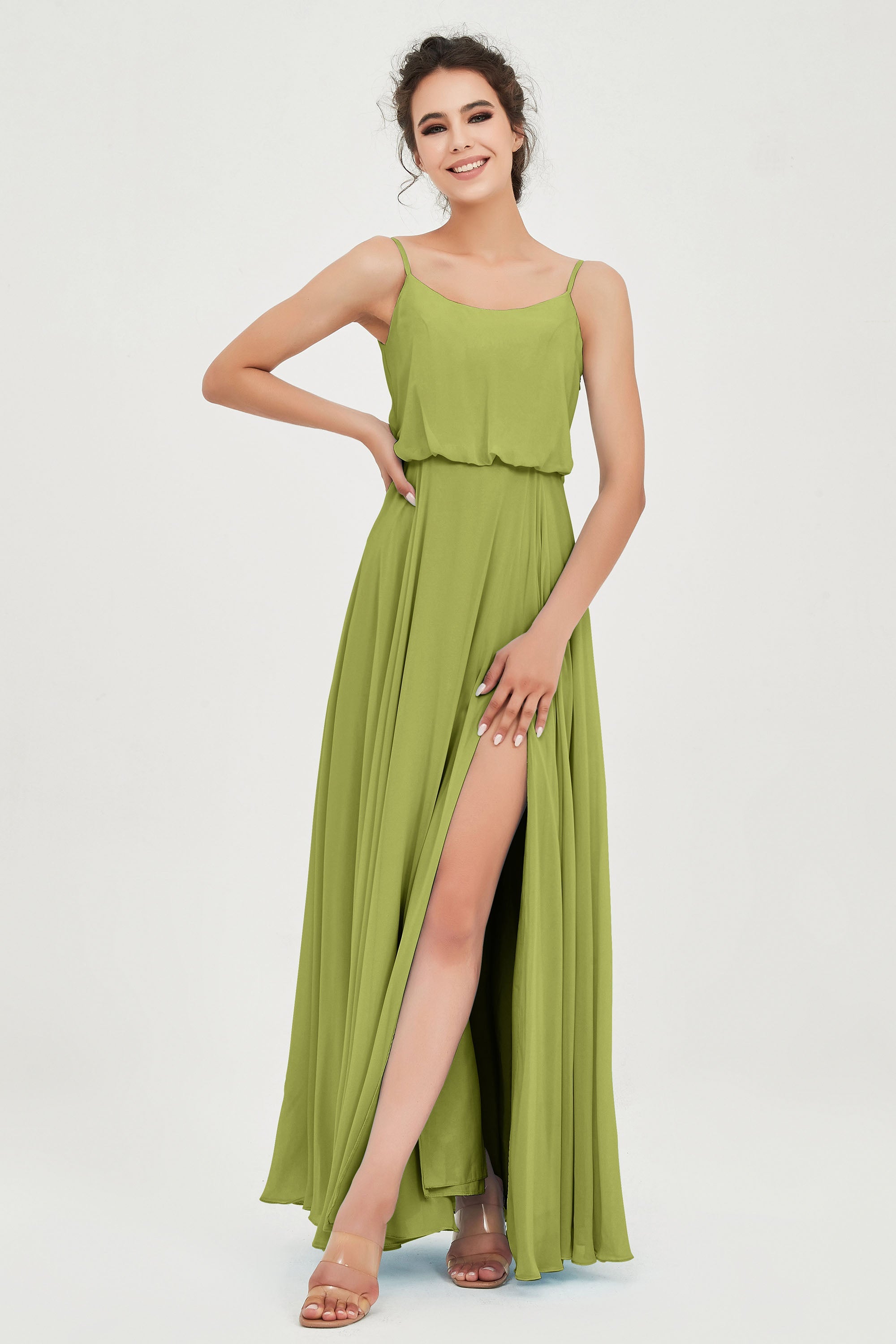 Spaghetti Straps Chiffon A Line Bridesmaid Dress Long Ruched Formal Evening Dresses with Slit