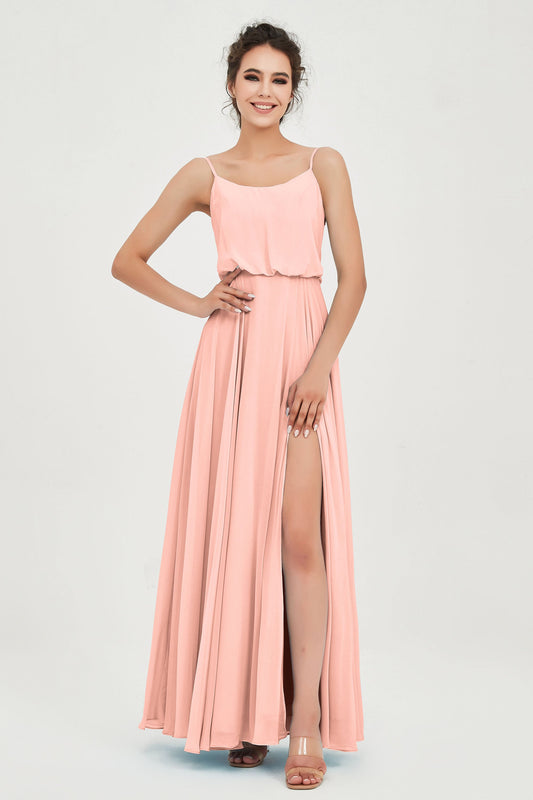 Spaghetti Straps Chiffon A Line Bridesmaid Dress Long Ruched Formal Evening Dresses with Slit
