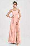 Spaghetti Straps Chiffon A Line Bridesmaid Dress Long Ruched Formal Evening Dresses with Slit