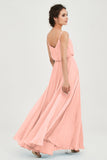 Spaghetti Straps Chiffon A Line Bridesmaid Dress Long Ruched Formal Evening Dresses with Slit