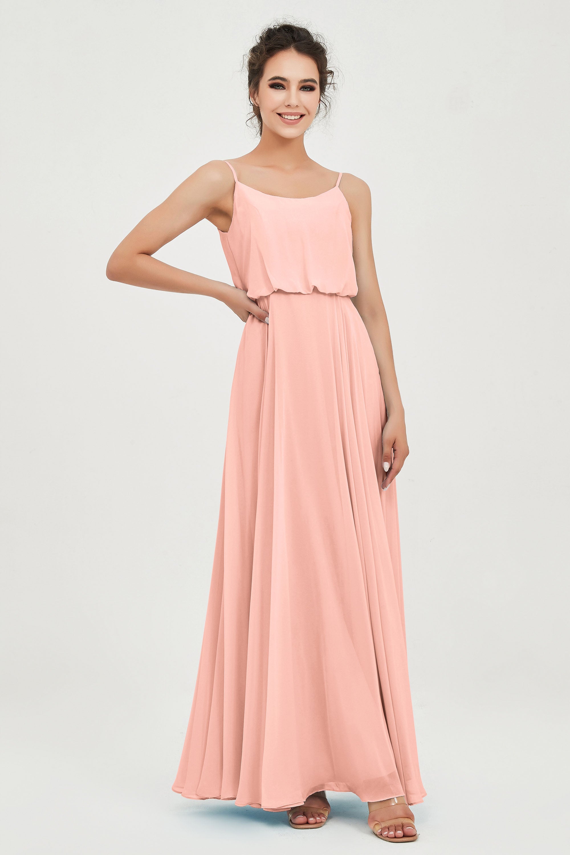 Spaghetti Straps Chiffon A Line Bridesmaid Dress Long Ruched Formal Evening Dresses with Slit