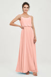 Spaghetti Straps Chiffon A Line Bridesmaid Dress Long Ruched Formal Evening Dresses with Slit