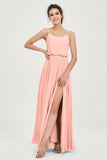 Spaghetti Straps Chiffon A Line Bridesmaid Dress Long Ruched Formal Evening Dresses with Slit