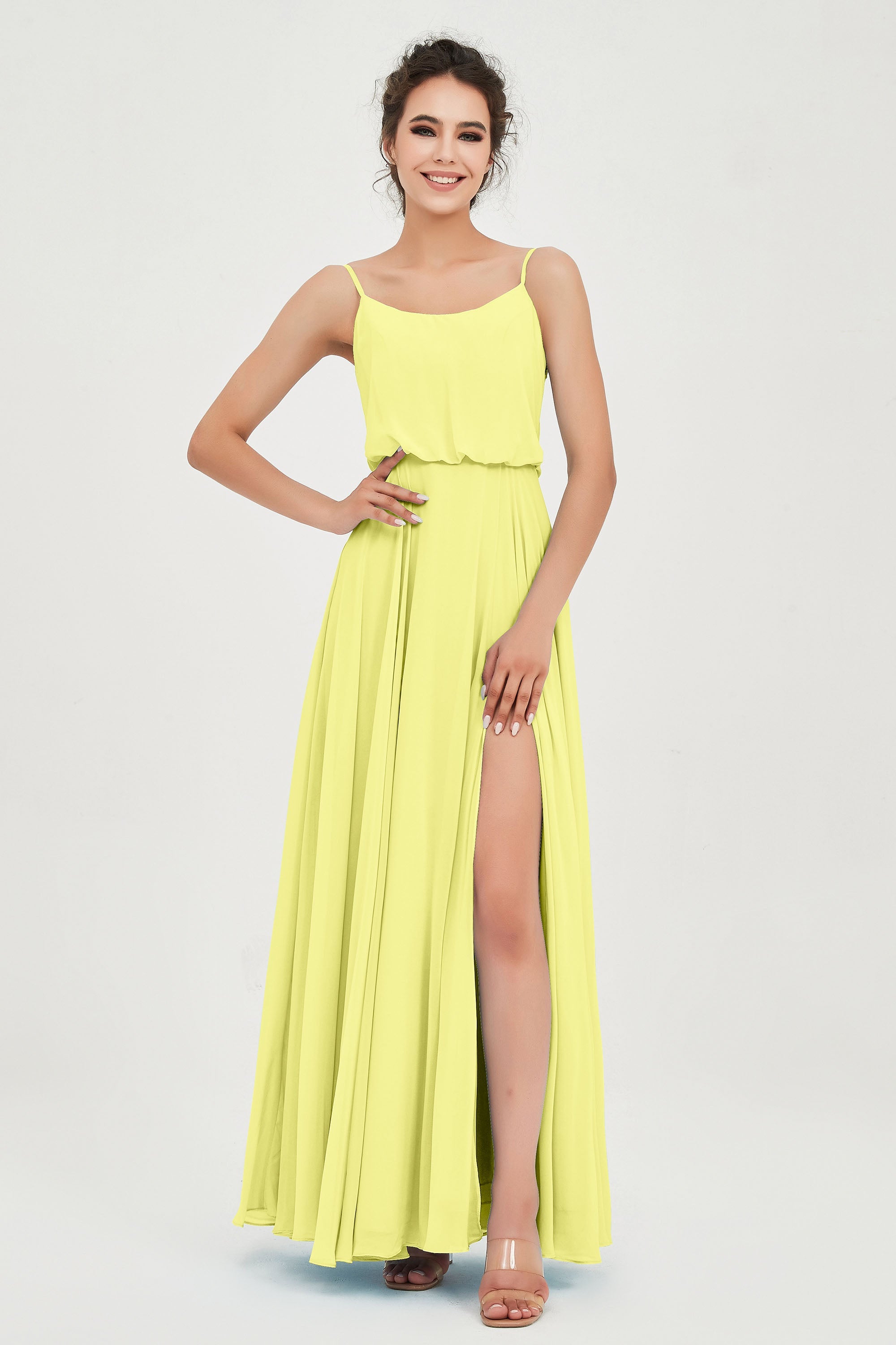 Spaghetti Straps Chiffon A Line Bridesmaid Dress Long Ruched Formal Evening Dresses with Slit