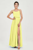 Spaghetti Straps Chiffon A Line Bridesmaid Dress Long Ruched Formal Evening Dresses with Slit