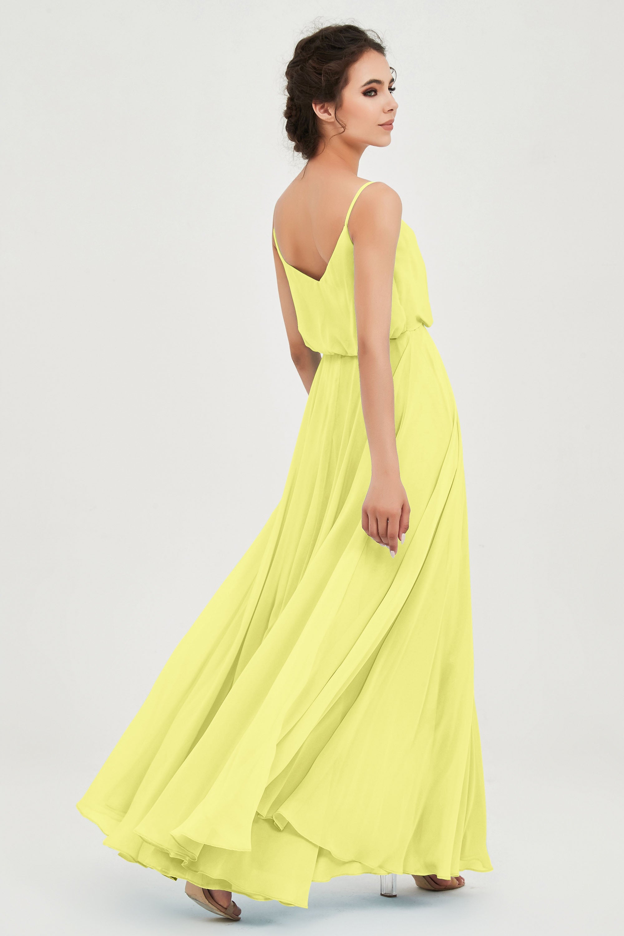 Spaghetti Straps Chiffon A Line Bridesmaid Dress Long Ruched Formal Evening Dresses with Slit