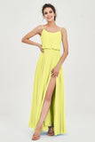 Spaghetti Straps Chiffon A Line Bridesmaid Dress Long Ruched Formal Evening Dresses with Slit