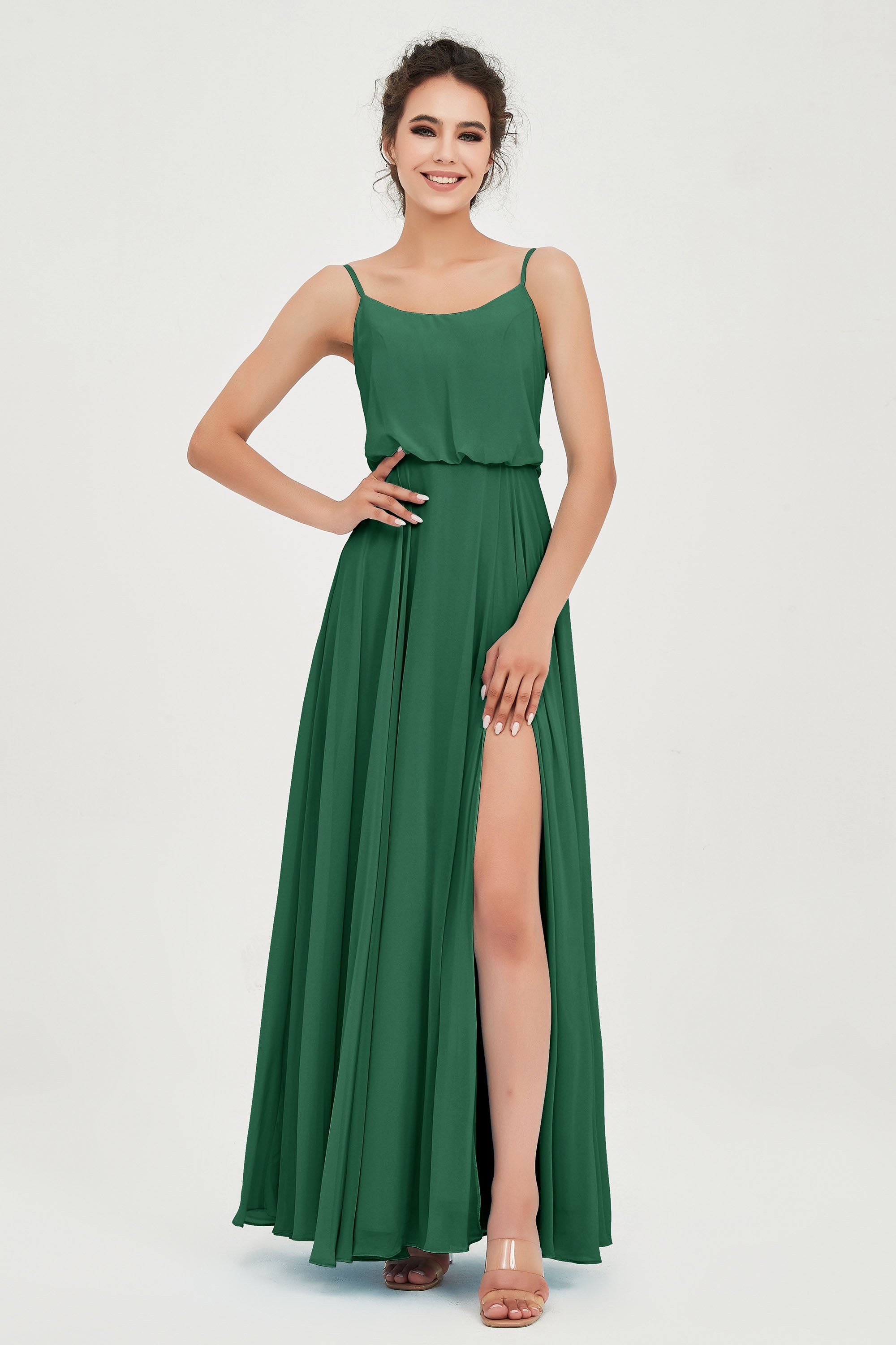 Spaghetti Straps Chiffon A Line Bridesmaid Dress Long Ruched Formal Evening Dresses with Slit