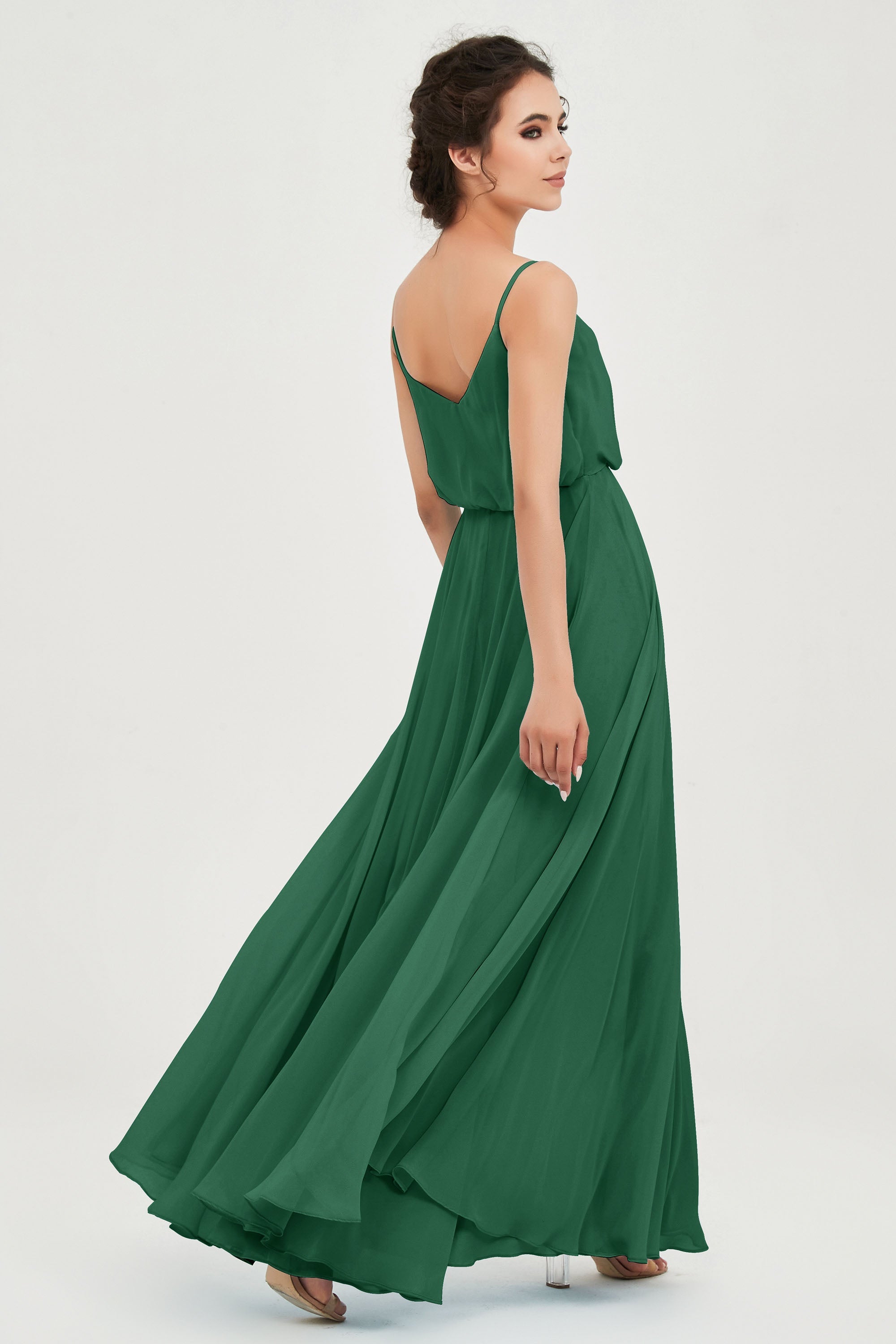 Spaghetti Straps Chiffon A Line Bridesmaid Dress Long Ruched Formal Evening Dresses with Slit
