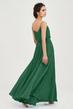 Spaghetti Straps Chiffon A Line Bridesmaid Dress Long Ruched Formal Evening Dresses with Slit