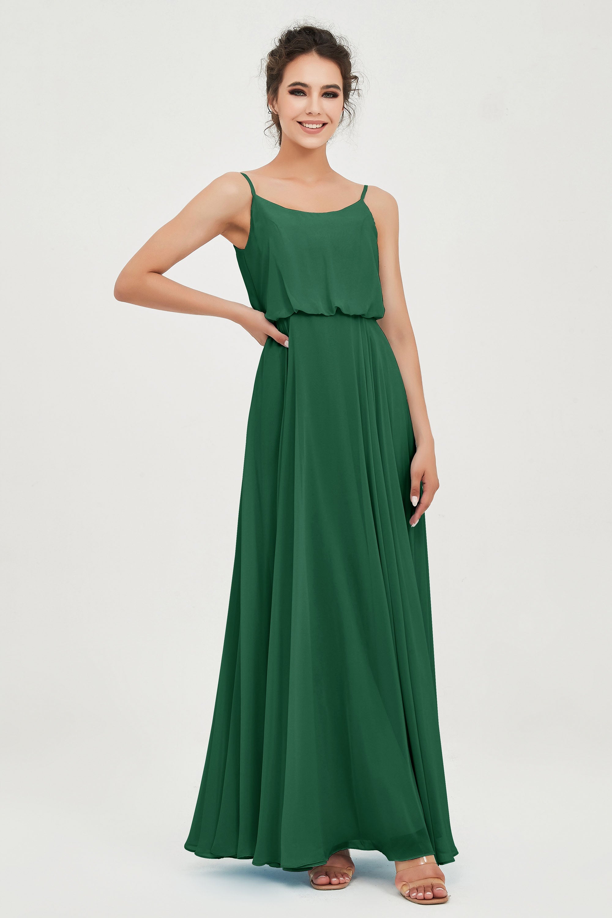 Spaghetti Straps Chiffon A Line Bridesmaid Dress Long Ruched Formal Evening Dresses with Slit