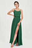 Spaghetti Straps Chiffon A Line Bridesmaid Dress Long Ruched Formal Evening Dresses with Slit