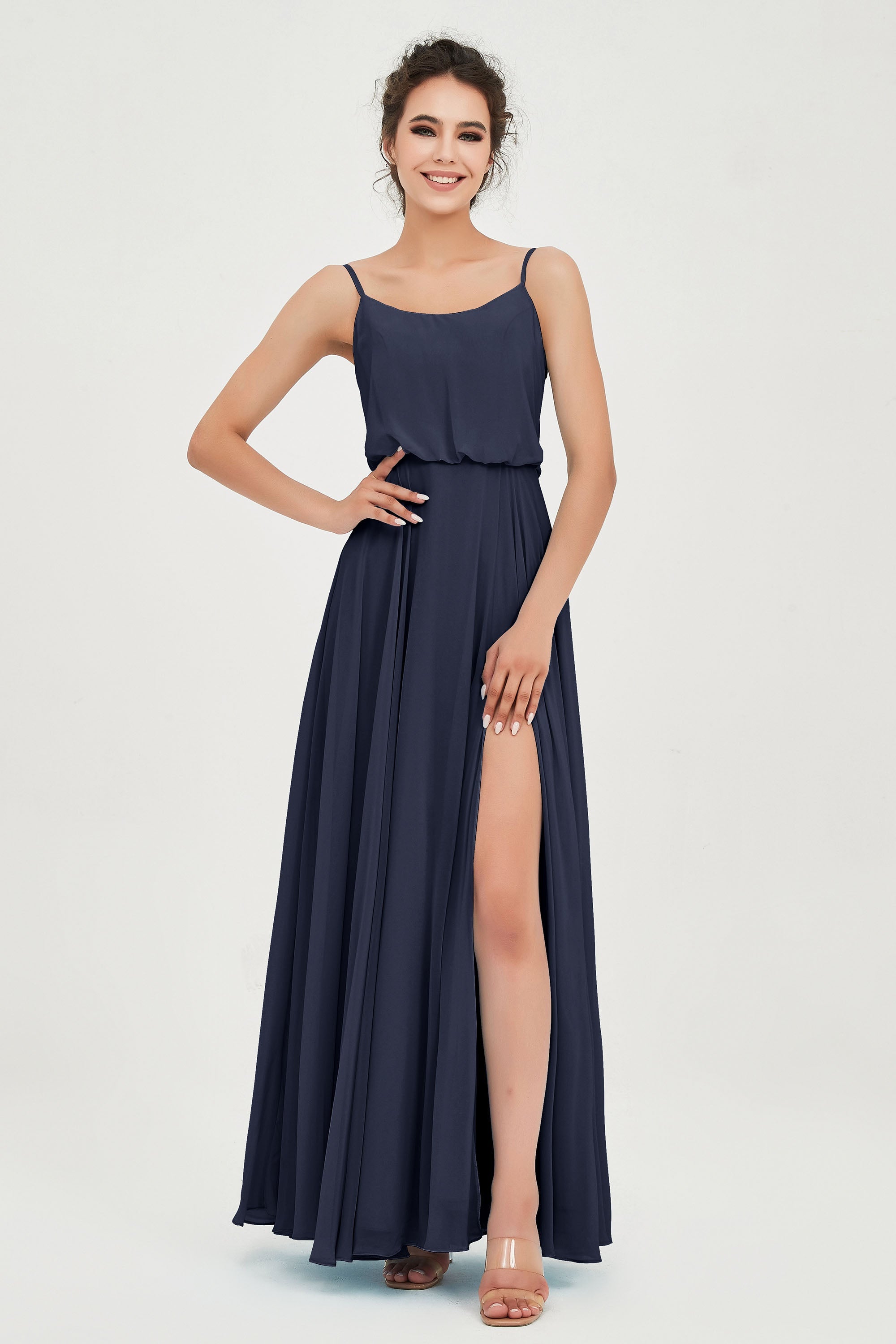 Spaghetti Straps Chiffon A Line Bridesmaid Dress Long Ruched Formal Evening Dresses with Slit
