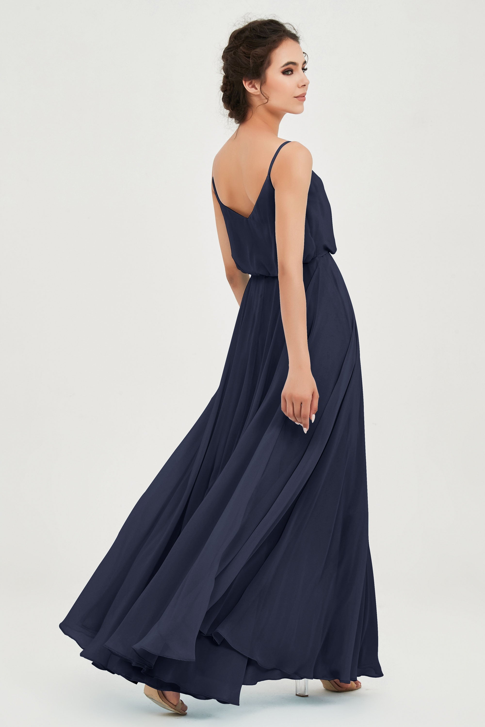 Spaghetti Straps Chiffon A Line Bridesmaid Dress Long Ruched Formal Evening Dresses with Slit