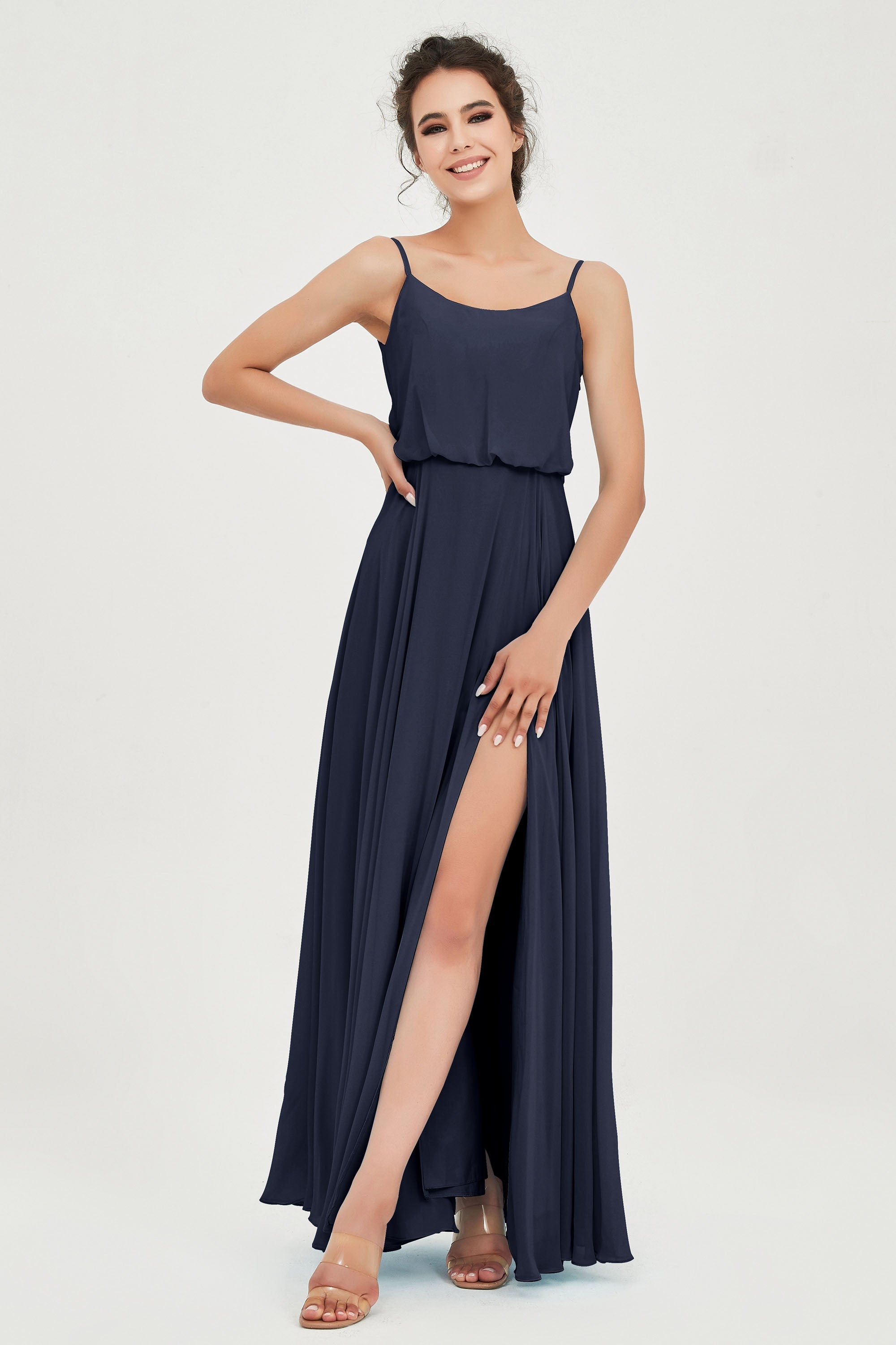 Spaghetti Straps Chiffon A Line Bridesmaid Dress Long Ruched Formal Evening Dresses with Slit