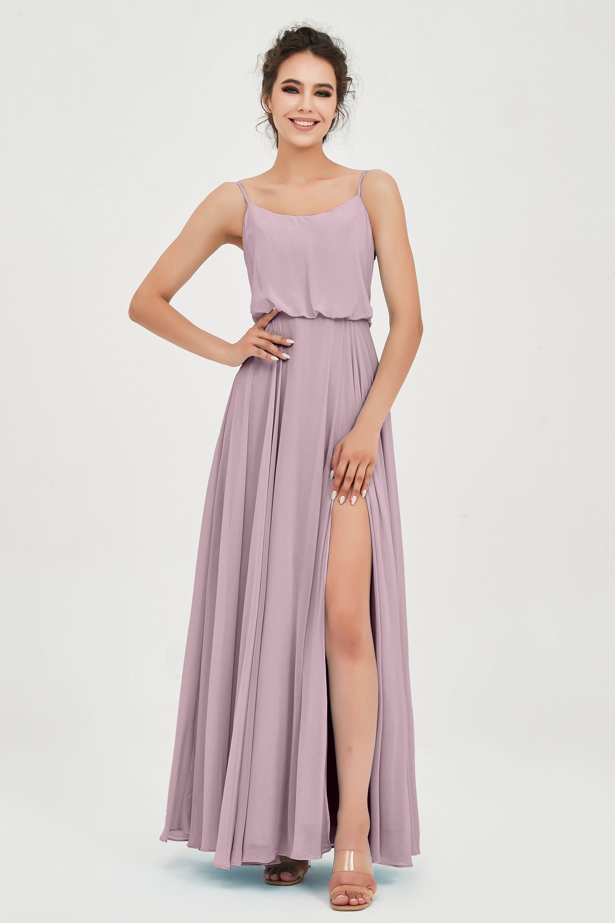 Spaghetti Straps Chiffon A Line Bridesmaid Dress Long Ruched Formal Evening Dresses with Slit