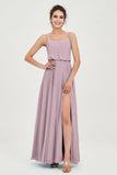 Spaghetti Straps Chiffon A Line Bridesmaid Dress Long Ruched Formal Evening Dresses with Slit