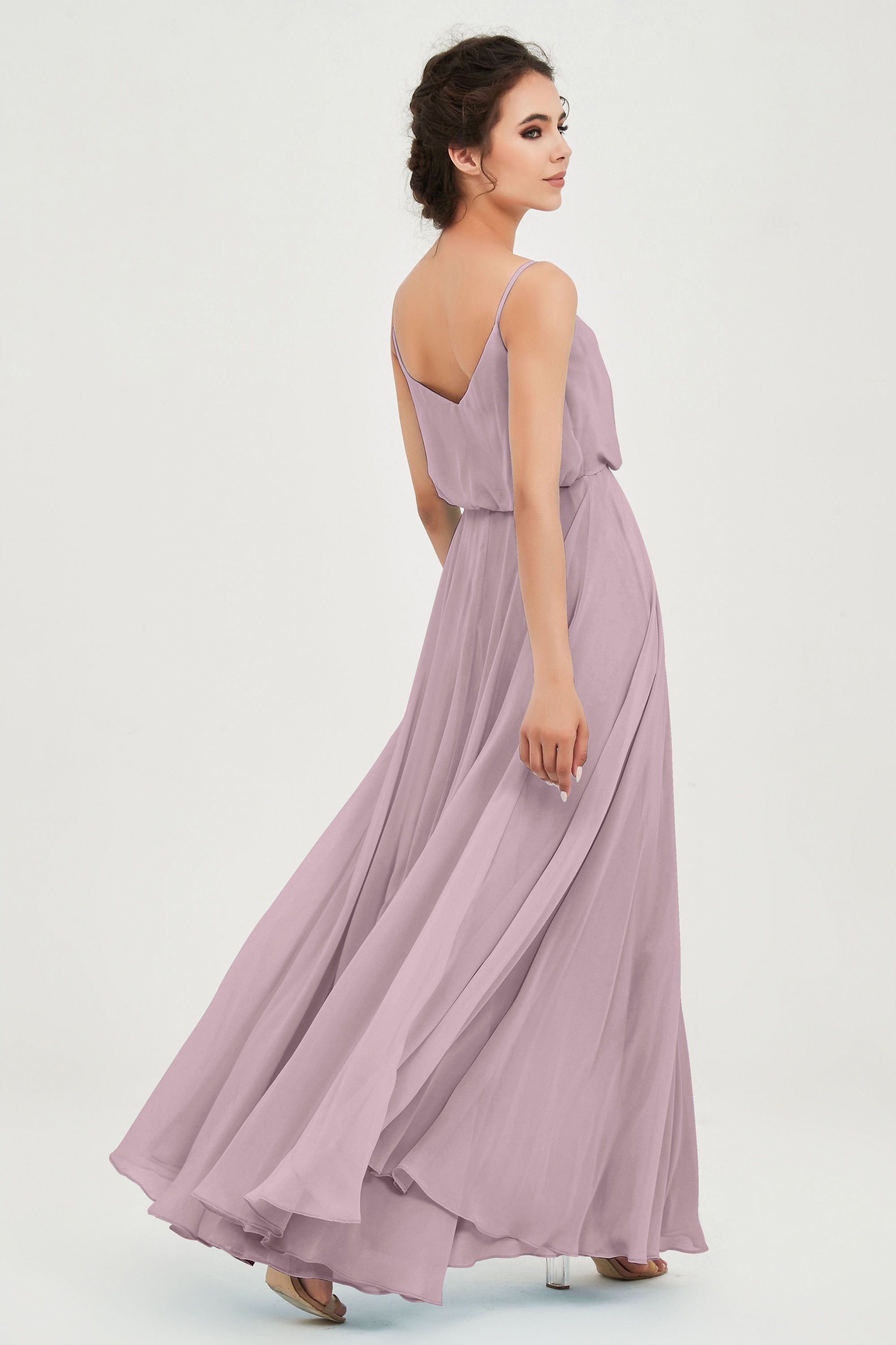 Spaghetti Straps Chiffon A Line Bridesmaid Dress Long Ruched Formal Evening Dresses with Slit