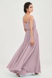 Spaghetti Straps Chiffon A Line Bridesmaid Dress Long Ruched Formal Evening Dresses with Slit