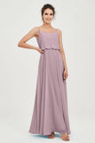 Spaghetti Straps Chiffon A Line Bridesmaid Dress Long Ruched Formal Evening Dresses with Slit