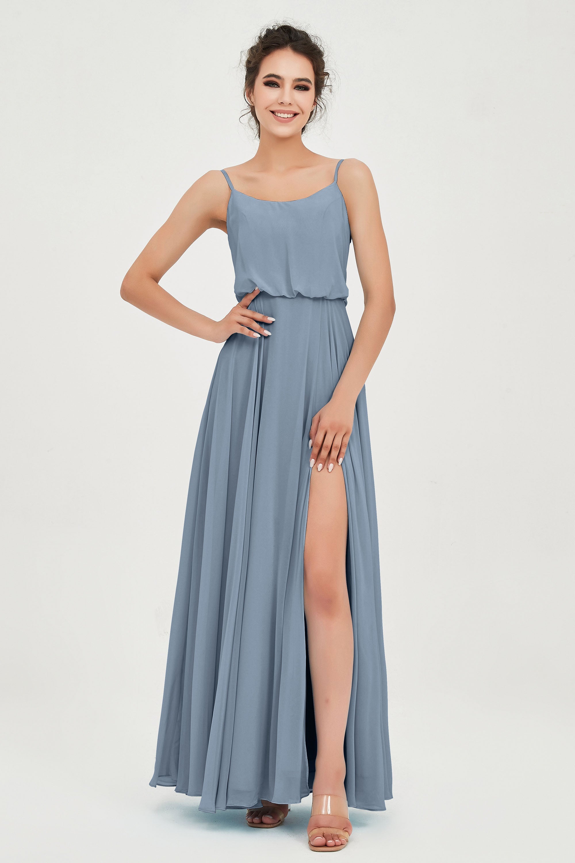 Spaghetti Straps Chiffon A Line Bridesmaid Dress Long Ruched Formal Evening Dresses with Slit