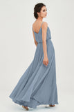 Spaghetti Straps Chiffon A Line Bridesmaid Dress Long Ruched Formal Evening Dresses with Slit