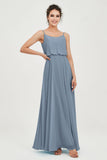 Spaghetti Straps Chiffon A Line Bridesmaid Dress Long Ruched Formal Evening Dresses with Slit